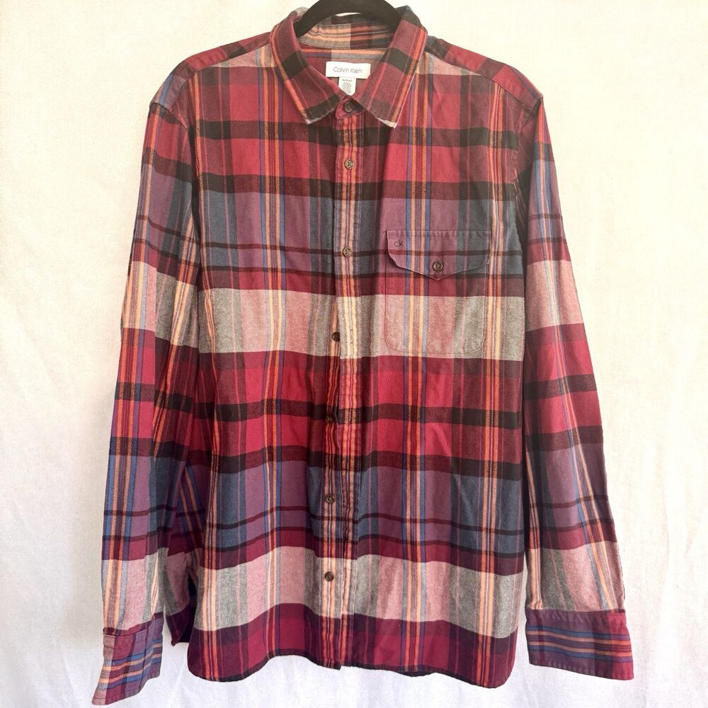 Calvin Klein Men's Flannel Shirt Size XL Long Sleeve Color Red Plaid Elbow Patch